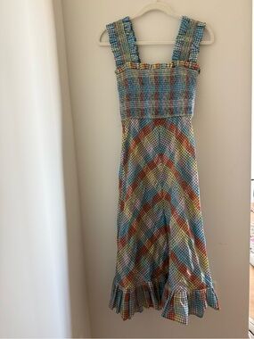 GANNI Plaid Ruffled Midi Dress
